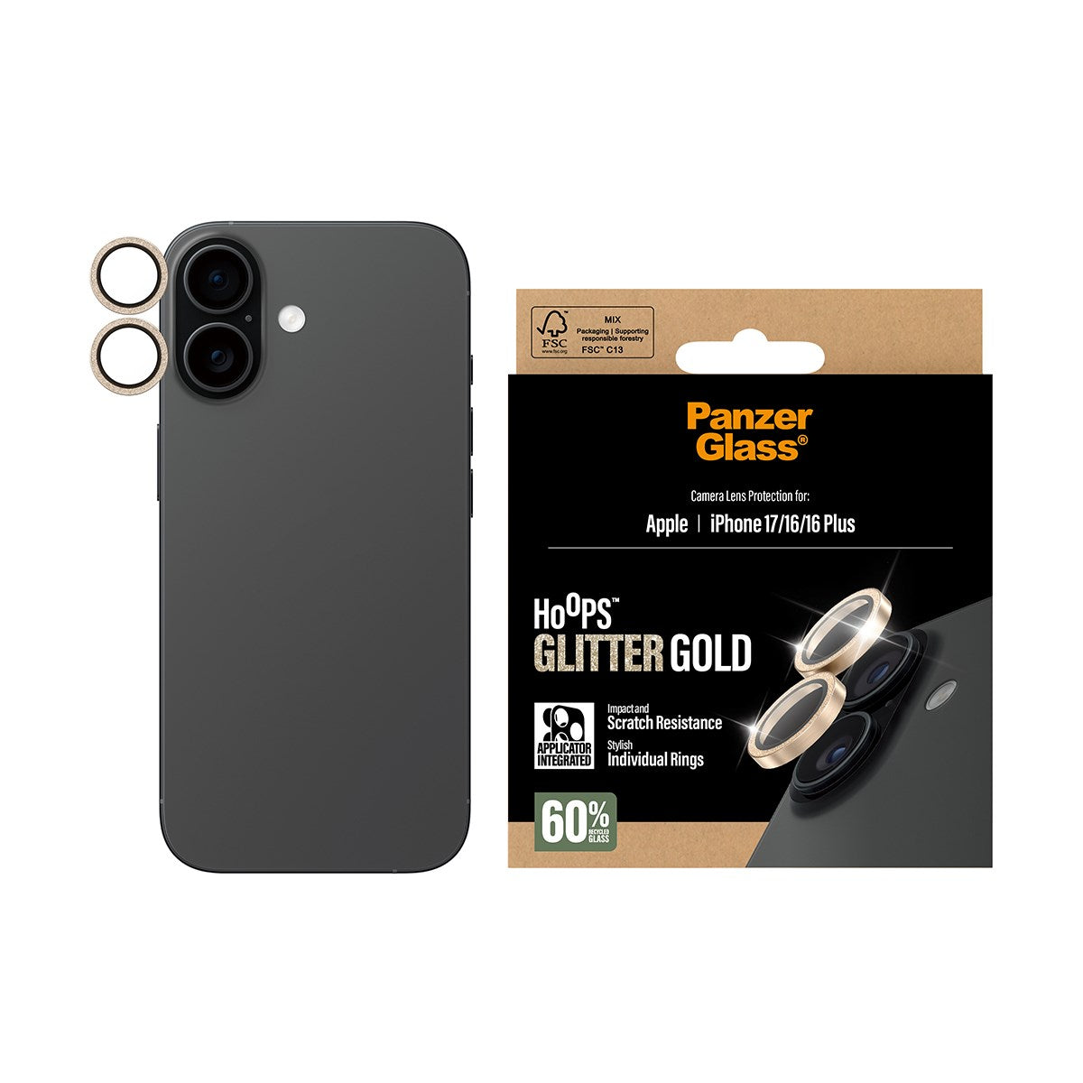 PanzerGlass® Hoops® Camera Lens Protector Glitter Gold iPhone 17 | iPhone 16 | 16 Plus